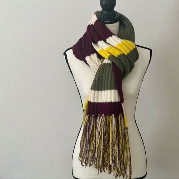 Express Ribbed Knit Oversized Scarf Multicolor Fringe Chunky Colorblock Cozy - Picture 2 of 10